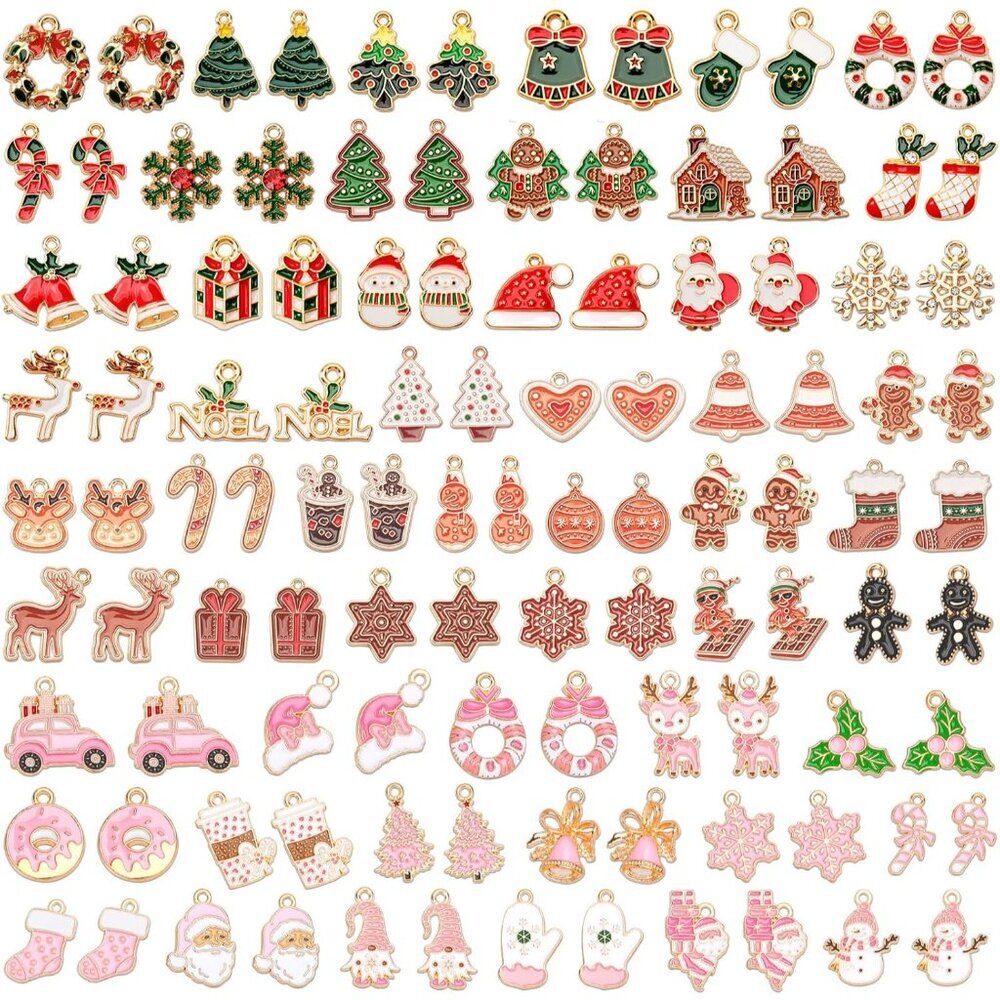 110Pcs/55 Pairs Christmas Charms, Holiday Enamel Charms Red Green Pink Gingerbre
